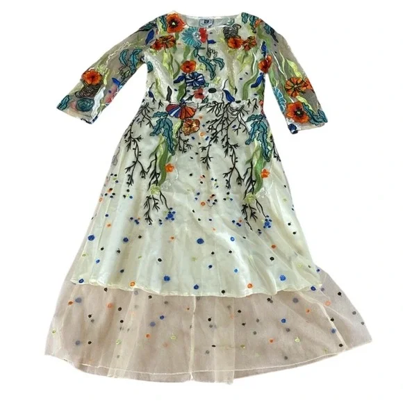 Antrophology Vicky and Lucas Floral Embroidered Midi Dress Sheer Overlay Party L - Picture 7 of 13